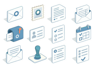 Isometric email and document icons in blue and white design