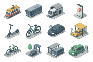 Isometric urban transportation icons: bicycles, cars, buses, trains, and scooters