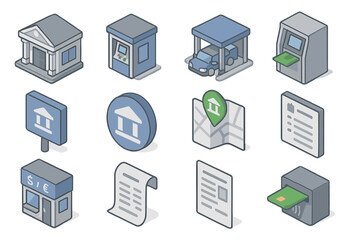 Obraz premium Isometric bank icons set featuring atm, car, map, and receipt