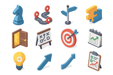 Colorful business strategy icons in 3d style on gradient background