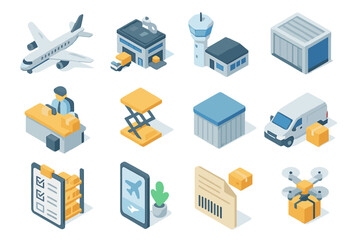 Isometric icons of logistics and transportation with airplane and delivery elements
