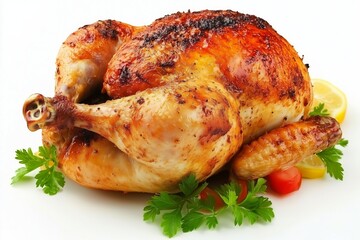 Whole roasted chicken served street style with fresh herbs and vegetables on a white background