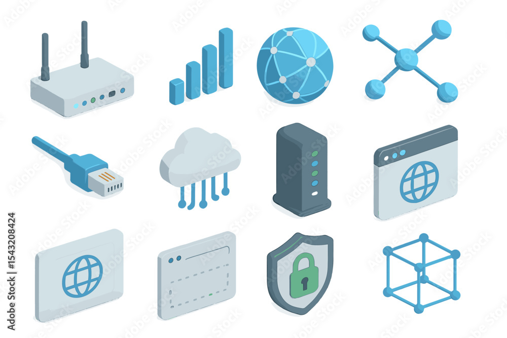 Poster blue network icons representing various digital connectivity concepts