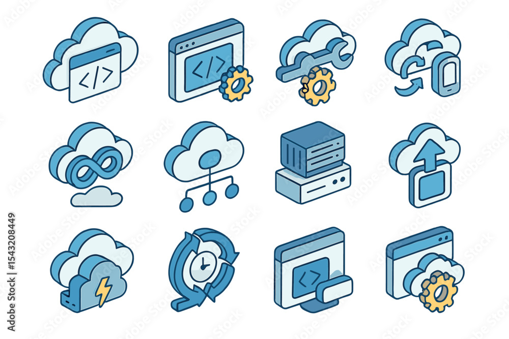 Poster cloud computing icons: code, security, storage, synchronization, infrastructure