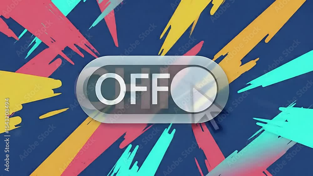 Poster abstract animation with colorful brushstrokes and on/off switches, culminating in the word 