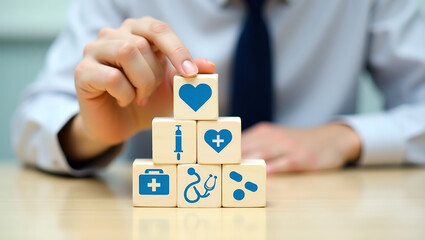 Healthcare Pyramid with Medical Symbols and Professional Hand.