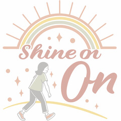 Girl walking towards pastel rainbow shine on illustration