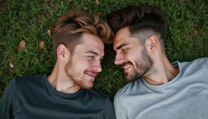 Fototapeta premium Happy gay couple laying together on grass. Young men smile looking. Homosexual romantic relationship. Love, tenderness, friendship, togetherness. Lifestyle portrait of two men dating outside. LGBT