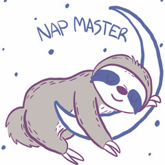 Adorable sloth napping on crescent moon cute cartoon illustration