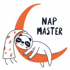 Adorable sloth napping on a crescent moon nap master