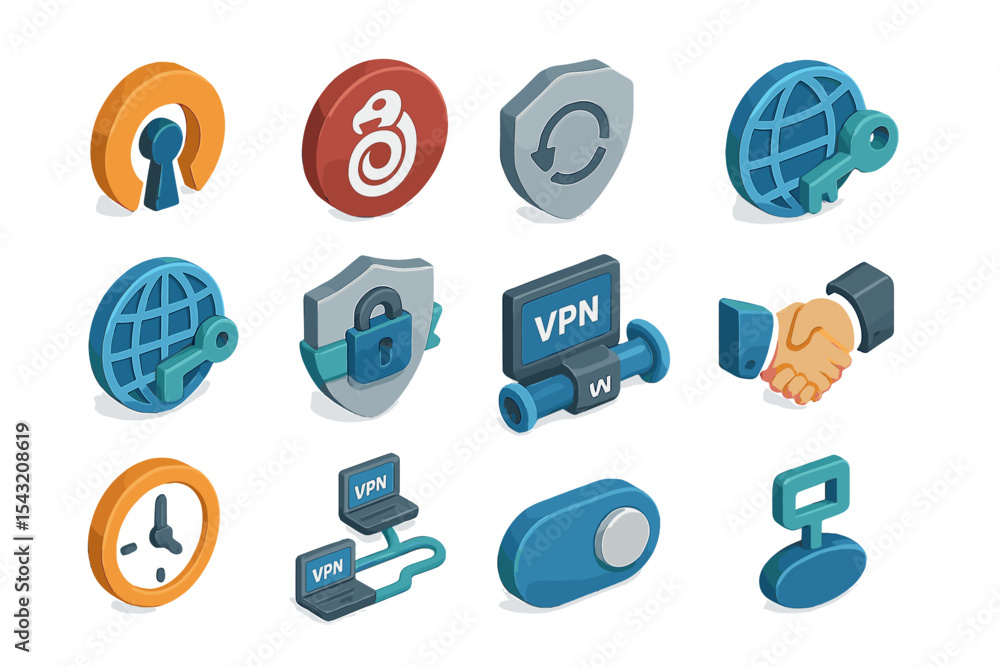 Poster isometric internet security icons featuring vpn and encryption symbols