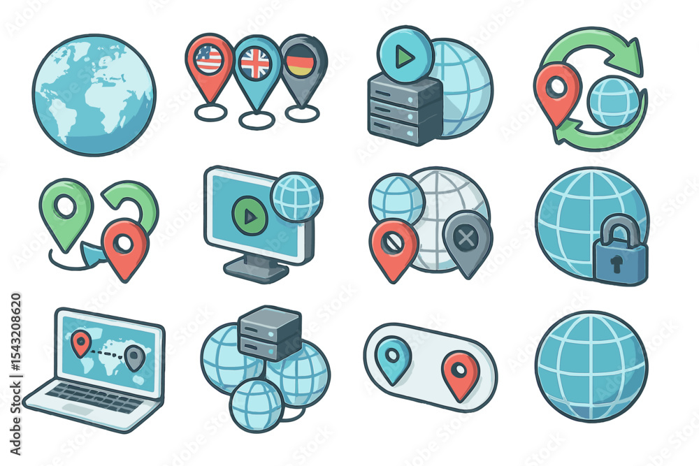 Poster global network icons with location, server, and security elements