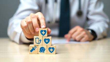 Healthcare Pyramid with Medical Symbols and Professional Hand.
