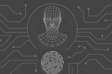 A wireframe human head with a fingerprint below, set against a circuit - board pattern.