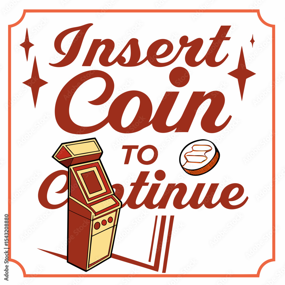 Poster retro arcade game insert coin to continue design element