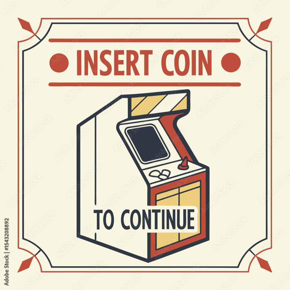 Poster retro arcade game machine insert coin to continue graphic design element