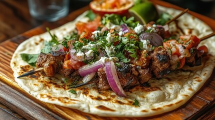 Grilled Lamb Skewers with Rice and Salad - Delicious Middle Eastern Cuisine Close-Up