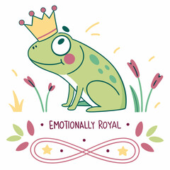 Cute green frog wearing a golden crown in a garden