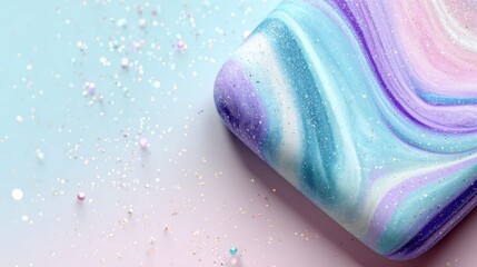 A pastel-colored marbled surface with glitter and sparkling particles scattered on a smooth gradient background