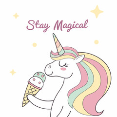 Adorable unicorn enjoying ice cream stay magical pastel colors