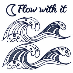 Flow with it ocean waves design moon graphic illustration