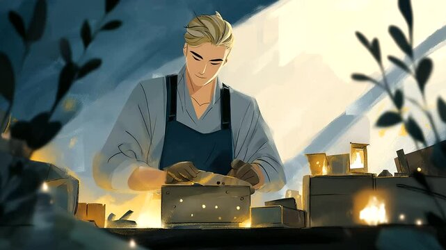 Worker removing an old nameplate in a cozy office setting