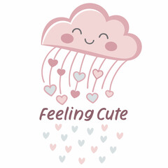 Happy pink cloud raining hearts cute illustration