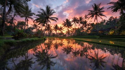 Vibrant Sunset Over Rice Paddies and Palm Trees