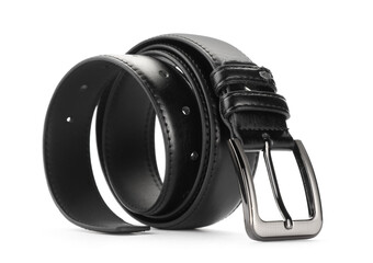 One black leather belt isolated on white