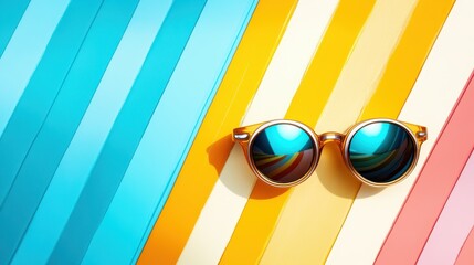 A pair of fashionable round sunglasses rests on a vibrant striped background showcasing a blend of turquoise, yellow, and peach, creating a summer-ready vibe perfect for sunny days.
