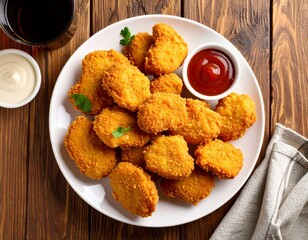 Overhead Top view of chicken nuggets on a white plate