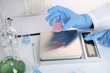 Scientist working with Petri dish of sample and scales at white table, closeup