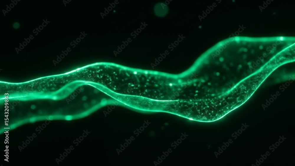 Poster flowing abstract green lines with particle effects slow motion