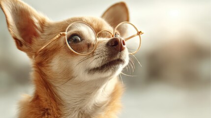 A cute chihuahua dog wearing round glasses looks thoughtfully into the distance, with a soft, blurred background