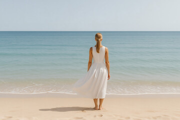 The back of a woman in a white dress, with the sea stretching out behind her on the beach.