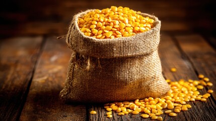 A burlap sack filled with yellow split lentils sits on a rustic wooden table, with some lentils spilled around it