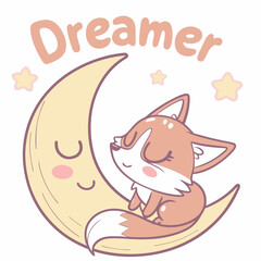 Cute fox sleeping on crescent moon dreamy night sky stars