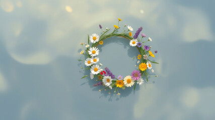 Obraz premium flower wreath floating on river at midsummer festival in sweden, summer solstice day, celtic tradition, june 20, water
