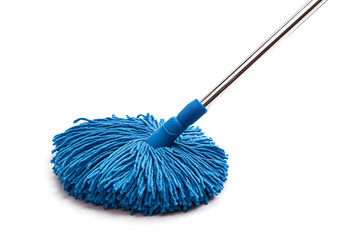 Blue spin mop with metal handle on white background