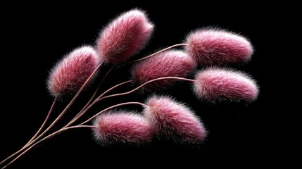 Soft, fluffy pink bunny tail grass stems displayed against a black background, highlighting texture and vibrant color