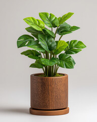 Fototapeta premium Interior Decor Plant in Wooden Pot with Lush Green Foliage on White Background 