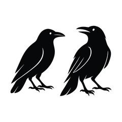 Two Black Crows Sitting Silhouette, Vector illustration of two black crows perched quietly on a branch in nature silhouette style artwork