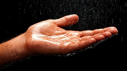 Rain on Hand, Water Drops,  Close Up Photography, Wet Skin Texture, Dark Background