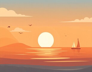陽が沈むオレンジ色の海と空