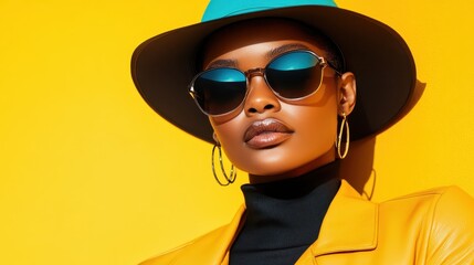 A chic woman wearing stylish sunglasses, a broad-brimmed hat, and a yellow leather jacket poses confidently against a vibrant yellow background, showcasing modern fashion trends.