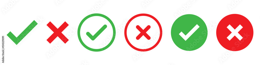 Aufkleber check mark icons. green check mark and red cross mark icon set. green tick and red x. symbols of app