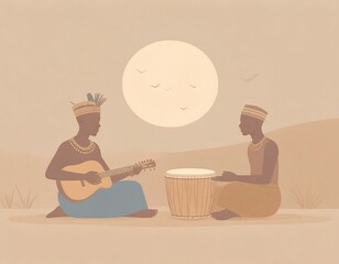 民族楽器を弾く男性と女性のイラスト