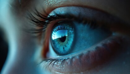 Close-up shot of human eye. Detailed view of blue iris, pupil, eyelashes. Eye reflects futuristic city. Beauty, vision concept. Healthcare, ophthalmology themes. Perfect for medical advertising,