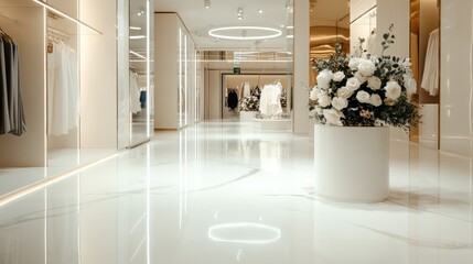A luxurious fashion boutique featuring stylish clothing displays, polished marble floors, and elegant floral arrangements, creating a chic shopping atmosphere for customers.
