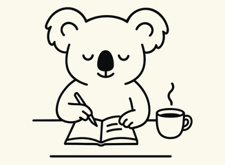  Koala Journaling with Coffee Minimalist Line Art Animal Illustration